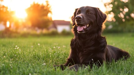 Poster - Happy black dog lounging in a green yard with sunlight creating a warm and inviting atmosphere : Generative AI