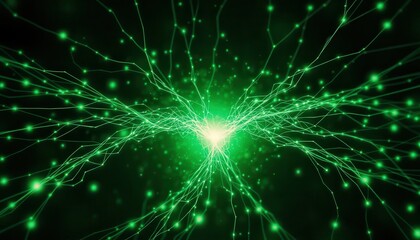 Fototapete - Vibrant Green Energy Flow with Abstract Digital Light Waves and Neural Network Connections Pulsating in a Cosmic Space Environment