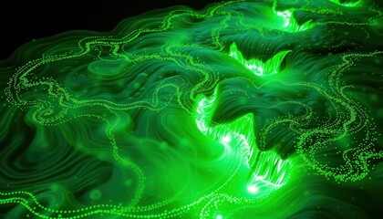 Fototapete - Ethereal Green Wave Patterns in Abstract Artwork with Flowing Textures and Glowing Particles Captivating the Imagination in Vibrant Digital Design