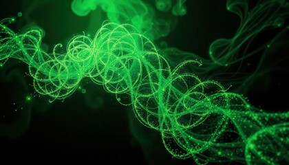 Fototapete - Abstract green glowing wave of particles and light trails on dark background for technology, internet, energy, and design concepts