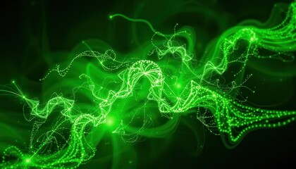 Fototapete - Abstract Green Light Waves with Sparkling Particles and Ethereal Flowing Patterns in a Dark Background for Creative Design Projects