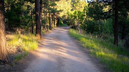 Aufkleber - A peaceful dirt path winding through a sunlit forest surrounded by lush greenery : Generative AI