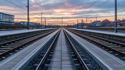 Poster - Expansive view of railway tracks leading into the sunset creating a dramatic transport landscape : Generative AI