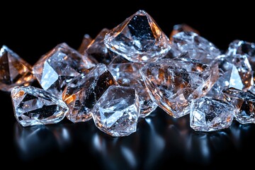 Poster - Clear crystal chunks with orange light reflections on black background, macro photography showing transparent mineral structure and facets. Luxury gemstone concept.