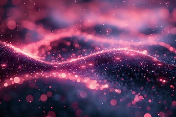 Poster - Magical pink and purple abstract background with glowing particles and light waves creating dreamy cosmic atmosphere. Blurred bokeh effect adds depth.