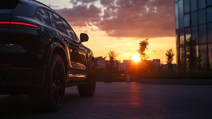 Poster - Stylish black SUV parked against a stunning sunset backdrop with an urban skyline silhouette : Generative AI