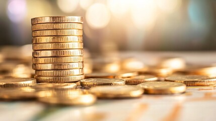 Leinwandbilder - Close up of stacked gold coins with a soft bokeh background creating an elegant financial scene : Generative AI