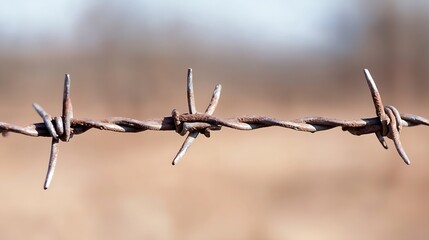 Poster - Detailed macro shot of rusted barbed wire fence contrasting against a blurred natural background : Generative AI