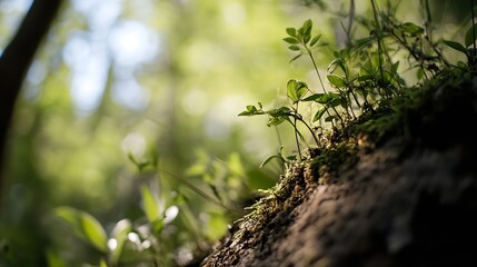 Aufkleber - Fresh green plants sprouting on a mossy log in the forest conveying a sense of growth and nature's beauty : Generative AI