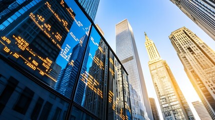Poster - Glistening skyscrapers capturing sunlight with financial data displayed on screens in an urban cityscape : Generative AI