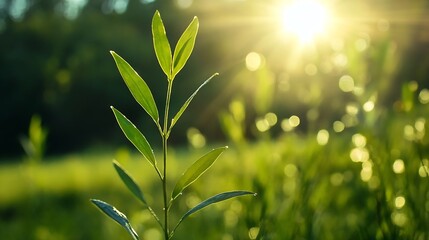 Poster - Closeup image of fresh green leaves illuminated by sun rays in a lush garden setting : Generative AI