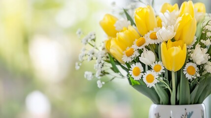 Aufkleber - Vibrant yellow tulip and white daisy bouquet bringing fresh spring vibes to any space : Generative AI