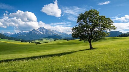 Aufkleber - Idyllic green hills with a solitary tree under a bright blue sky showcasing beautiful natural scenery : Generative AI