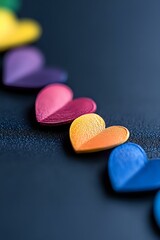 Poster - Colorful paper hearts arranged in diagonal line on dark background with selective focus. Romantic composition for valentines day and love concepts.