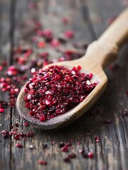 Aufkleber - A rustic wooden spoon filled with vibrant red salt granules resting on a weathered wooden table : Generative AI