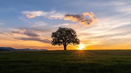Aufkleber - Beautiful sunset view with a solitary tree against a colorful sky and rolling hills in the background : Generative AI