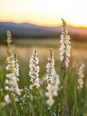 Fototapete - Beautiful field of white flowers swaying gently under the warm glow of a setting sun : Generative AI