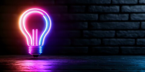 Poster - Glowing neon light bulb against dark brick wall background with pink and blue reflection on floor, creative innovation concept for business solutions.
