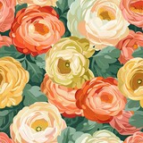 Seamless pattern of ranunculus flower. Spring colorful floral print. Blossom illustration for decor, easter, sticker, scrapbooking paper.