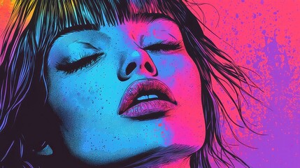 Poster - Bold Pop Art Texture, High-definition film grain with speckled noise, crisp feel, solid colors, geometric style, cool neon-lit color palette, striking black outlines.