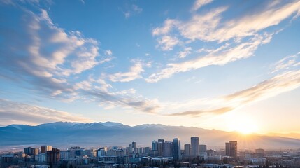 Poster - Stunning panoramic view of a city skyline with mountains and clouds during sunset : Generative AI