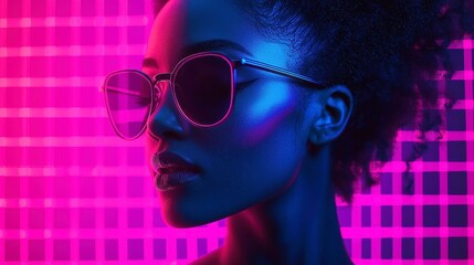 Poster - Vibrant Film Grain Texture, Soft noise overlay featuring faint grid pattern, bold black outlines, solid colors, pop art influence, clean geometric style, cool neon-lit color palette