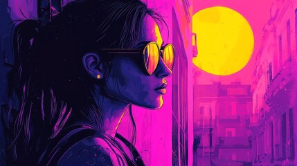 Poster - Dreamy Pop Art Grain, Soft noise creates an ethereal atmosphere, featuring bold black outlines, simple colors, and a cool neon-lit palette in a geometric design.