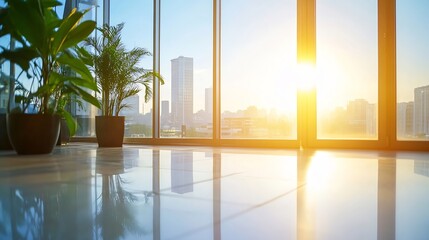 Leinwandbilder - Stunning Sunrise View Through Glass Windows in Modern Urban Setting : Generative AI