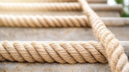 Aufkleber - Thick Natural Rope Coiled on Wooden Steps Creating a Rustic and Warm Atmosphere : Generative AI