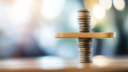 Aufkleber - A unique balance perspective of stacked coins evenly placed on a wooden board symbolizing economic equilibrium : Generative AI