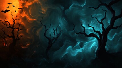 Poster - Spooky Halloween Landscape Featuring Swirling Mist Twisted Trees and an Eerie Dark Sky