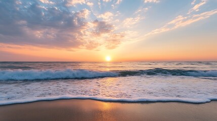 Poster - Stunning Sunset Over Calm Ocean Waves with Gentle Foamy Surf and Colorful Sky Reflections : Generative AI