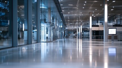 Aufkleber - Modern empty office hallway with bright lights and spacious glass walls creating a sleek aesthetic : Generative AI
