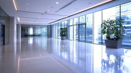 Poster - Modern office interior with large glass windows and plants creating an inviting atmosphere : Generative AI