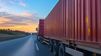 Poster - Large red shipping truck transporting cargo on an open highway during a vibrant twilight sky : Generative AI