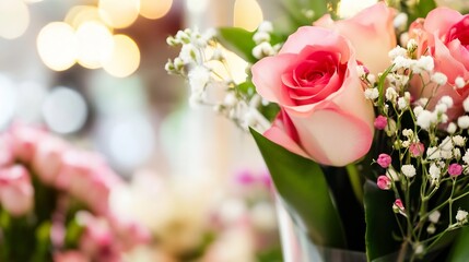 Poster - Beautiful bouquet of pink and white roses adorned with delicate flowers in a soft focus setting : Generative AI