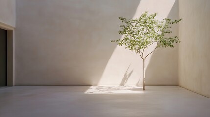 Poster - A minimalist indoor space featuring a single tree casting shadows on a smooth floor : Generative AI