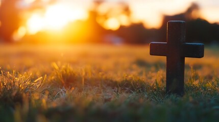 Fototapete - Silhouetted cross against a vibrant sunset backdrop creating a powerful spiritual scene : Generative AI