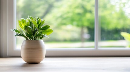 Poster - Indoor planter with vibrant green leaves basking in natural light by the window : Generative AI