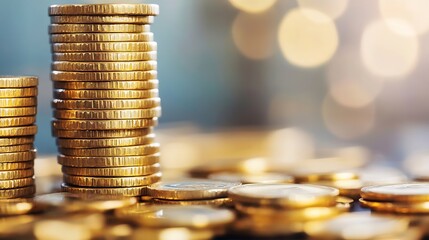 Aufkleber - Shiny gold coins stacked on a blurred background depicting financial wealth and success : Generative AI