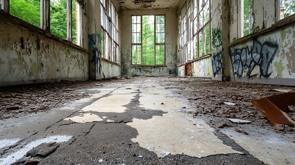 Aufkleber - Abandoned room with cracked walls and broken windows bathed in natural light from the forest outside : Generative AI