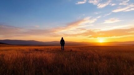 Poster - Silhouette of Person Standing in Golden Field at Dusk with Sunset Glow : Generative AI