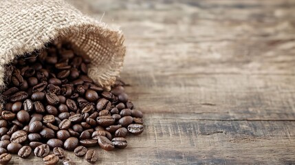 Poster - Freshly roasted coffee beans spilling from a burlap sack onto a rustic wooden table : Generative AI