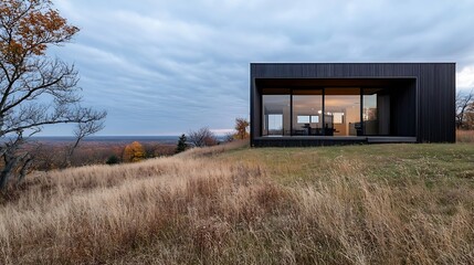 Poster - Modern architectural house on a hillside surrounded by grass and autumn foliage beneath a cloudy sky : Generative AI