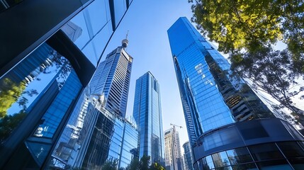 Aufkleber - Modern City Skyline with Reflective Glass Skyscrapers Under Clear Blue Sky : Generative AI