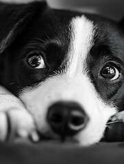 Poster - Close up view of a sleepy dog gazing with captivating big eyes in black and white : Generative AI