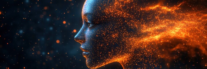 Poster - Artificial intelligence represented as a glowing figure with luminescent particles swirling