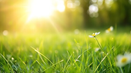 Poster - Sunlit Meadow with Daisies and Green Grass Glowing in Warm Summer Light : Generative AI