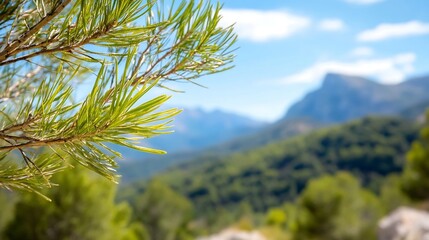 Poster - Lush green pine trees with a stunning mountainous landscape in the background under a sunny sky : Generative AI