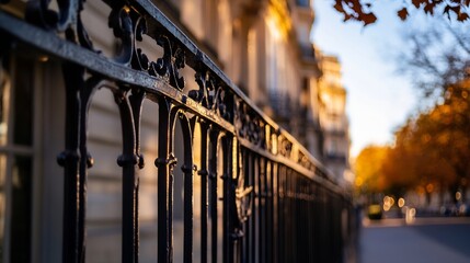 Fototapete - Closeup of an elegant street fence capturing the essence of urban architecture and detail in autumn light : Generative AI